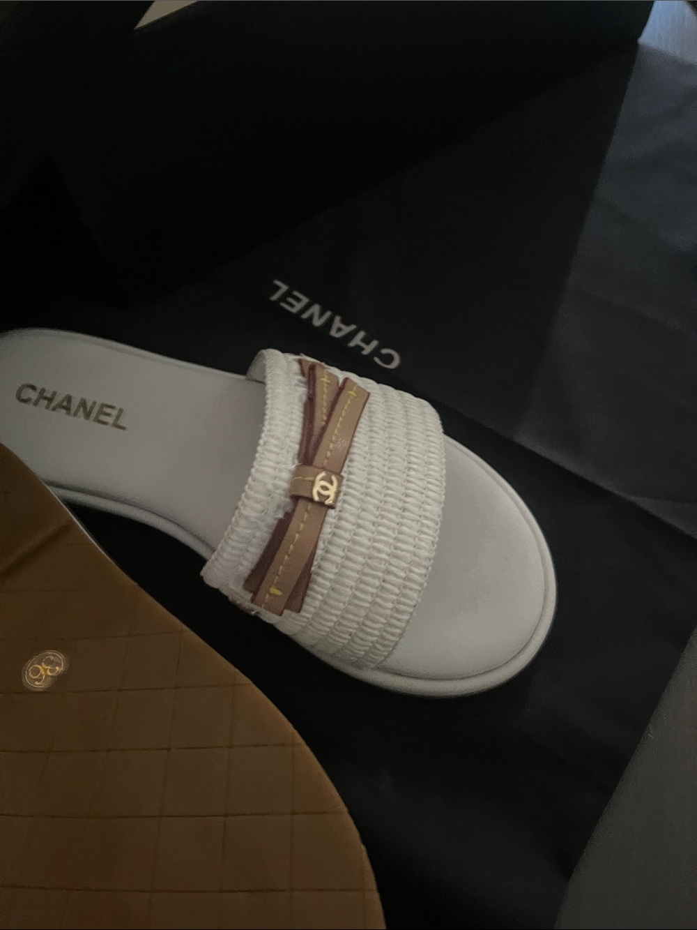 White Raffia Slide Mules with Brown Trim and Gold Accents - Picture 5 of 6